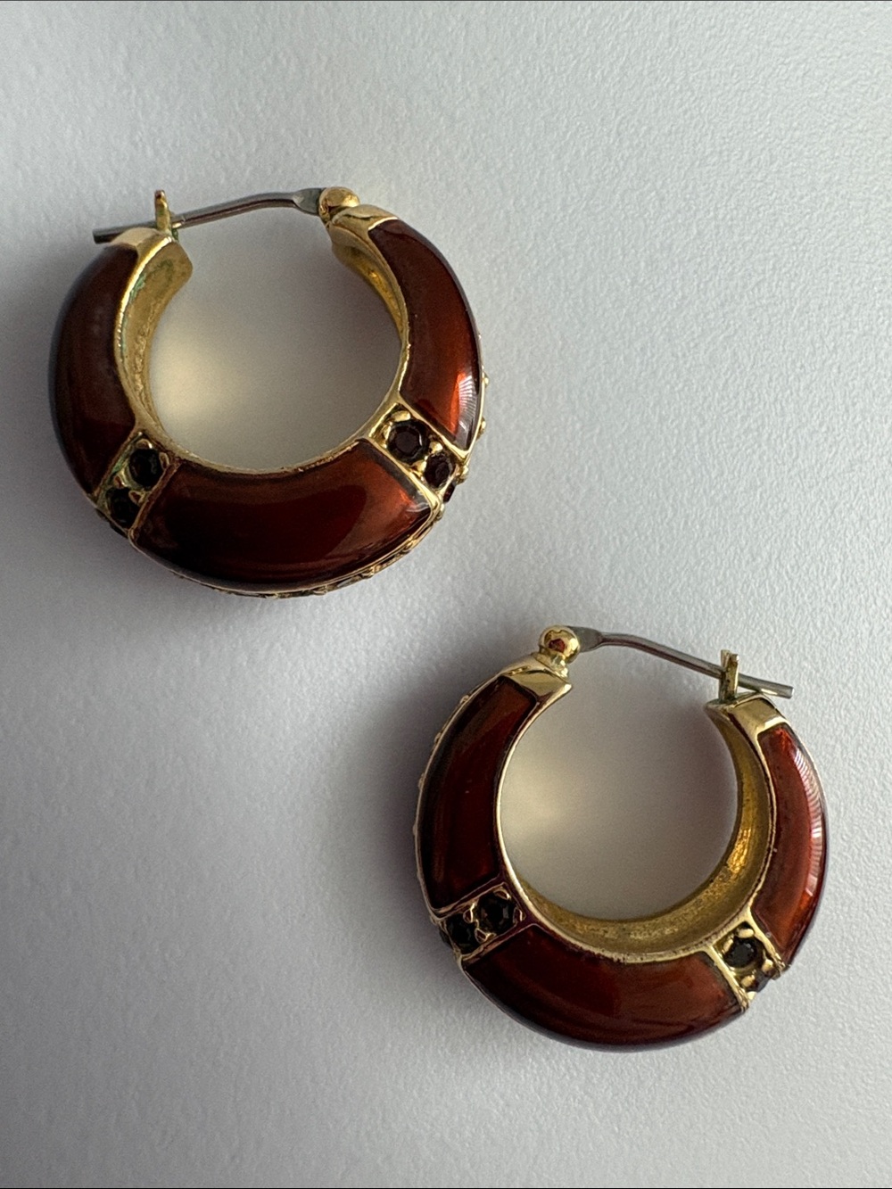 Vintage Enamel Earrings with Dark Ruby color Stones and Gold Finish - Picture 5 of 10